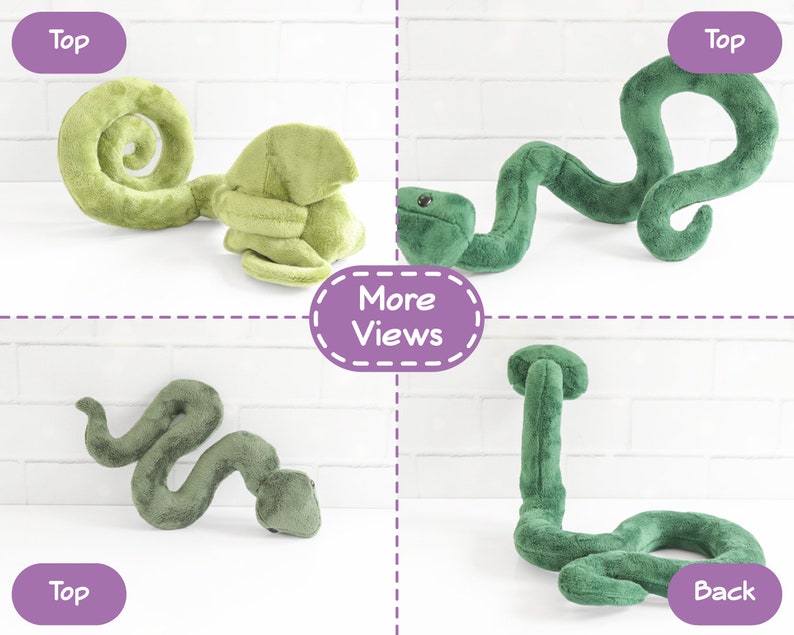 May include: Four different views of a green plush snake toy. The snake is curled up in a variety of poses. The toy is made of soft, plush fabric and has a realistic appearance.