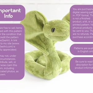 May include: A green plush snake toy with large ears. The image includes text that reads "Important Info" and details about the digital sewing pattern for the toy. The text also states that the pattern is available in English only.