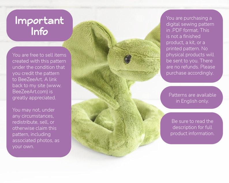 May include: A green plush snake toy with large ears. The image includes text that reads "Important Info" and details about the digital sewing pattern for the toy. The text also states that the pattern is available in English only.