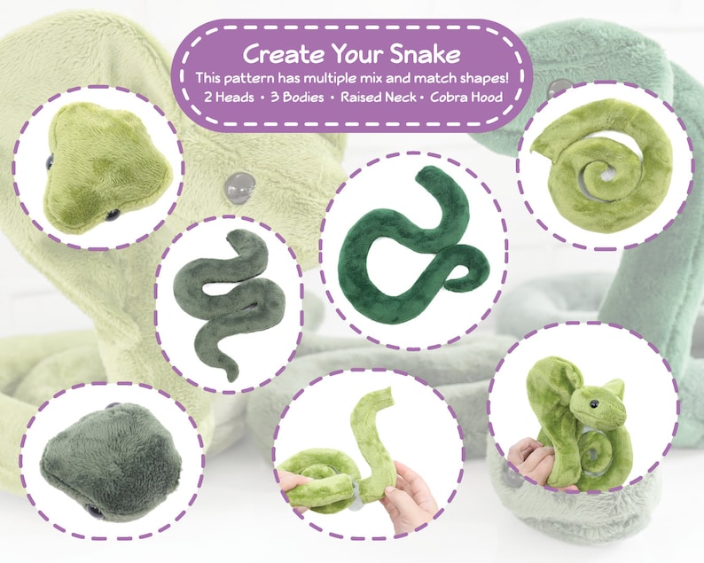 May include: Create Your Snake pattern with multiple mix and match shapes.  2 Heads, 3 Bodies, Raised Neck, Cobra Hood.  The image shows different plush snake parts in green.