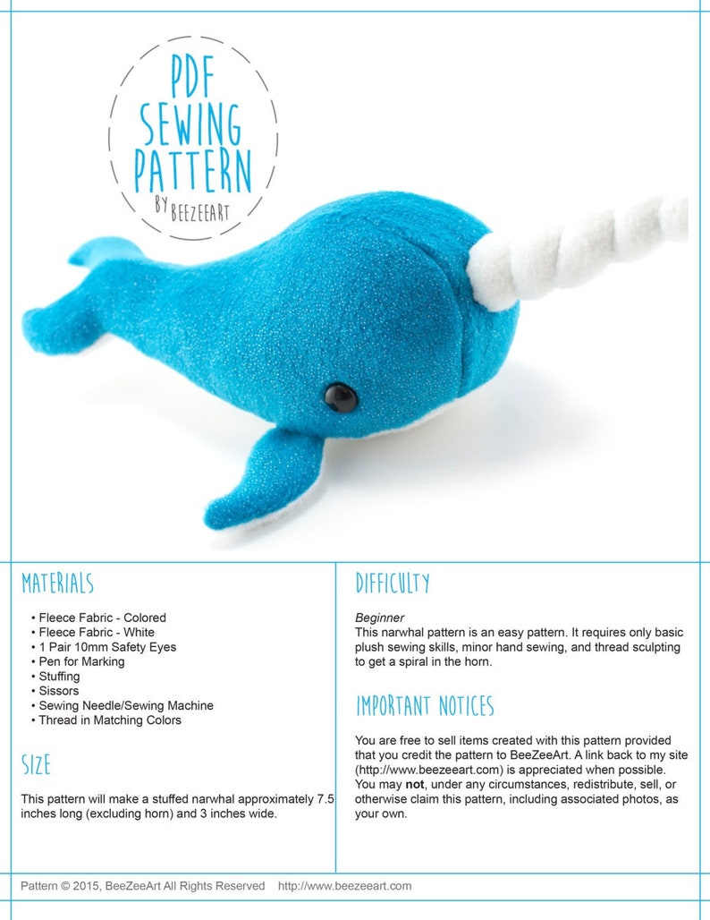 Narwhal Stuffed Animal Sewing Pattern PDF Digital Download Plush Sewing DIY Project No Physical Items Sent image 2