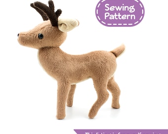May include: A brown plush deer sewing pattern. The deer has large brown eyes, a brown nose, and a pair of antlers. The pattern is for a .pdf sewing pattern, not a finished product.