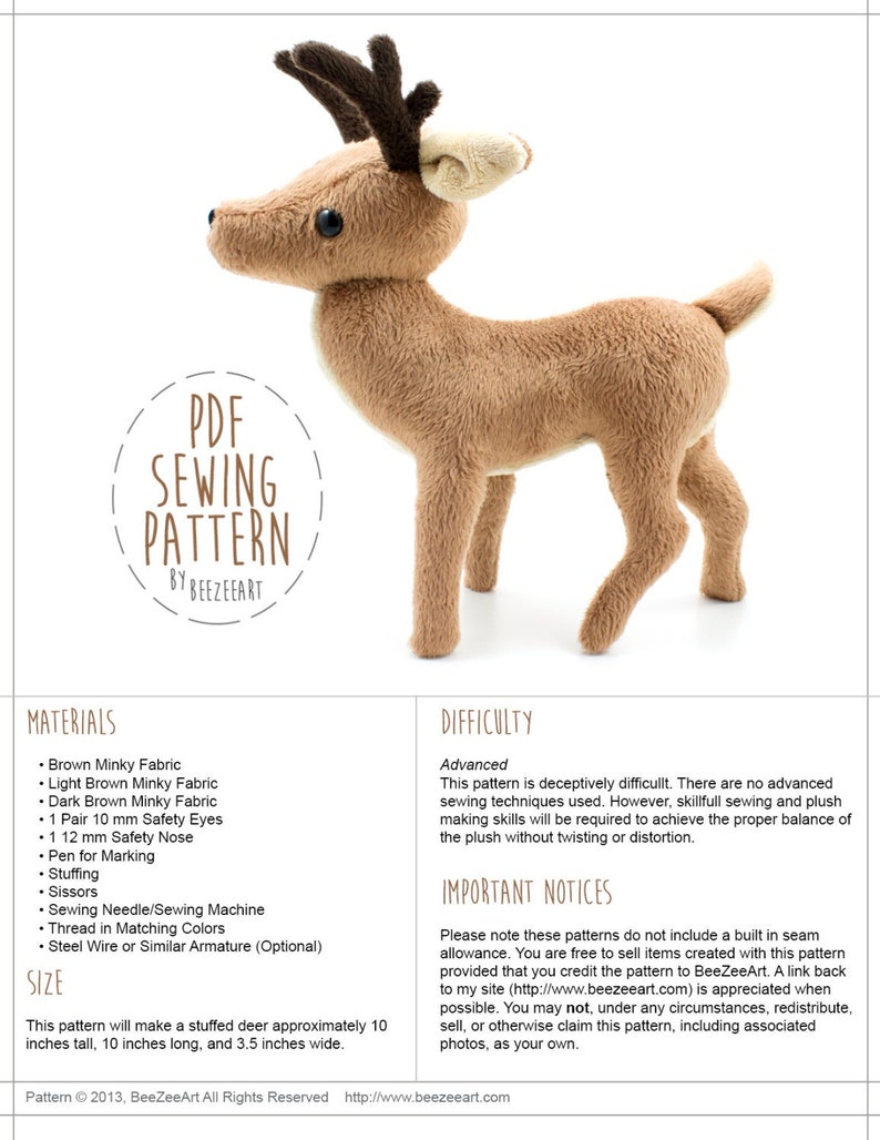 Deer Stuffed Animal Sewing Pattern PDF Digital Download Plush Sewing DIY Project No Physical Items Sent image 2