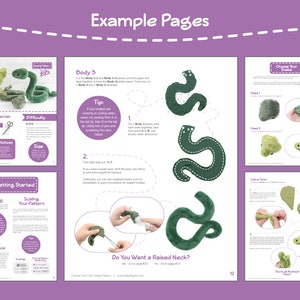 May include: A set of instructions for making a plush snake toy. The instructions include a pattern for the snake's body, head, and tail, as well as tips for sewing and stuffing the toy. The instructions also include a choice for a raised neck or a flat neck.