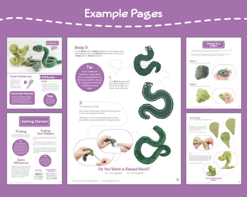 May include: A set of instructions for making a plush snake toy. The instructions include a pattern for the snake's body, head, and tail, as well as tips for sewing and stuffing the toy. The instructions also include a choice for a raised neck or a flat neck.
