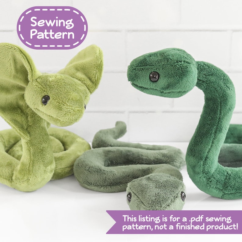 May include: Two green plush snake sewing patterns. One snake has large ears and is curled up. The other snake is straight with its head raised. The text "Sewing Pattern" is in a purple oval with a dashed border. The text "This listing is for a .pdf sewing pattern, not a finished product!" is in a purple banner.