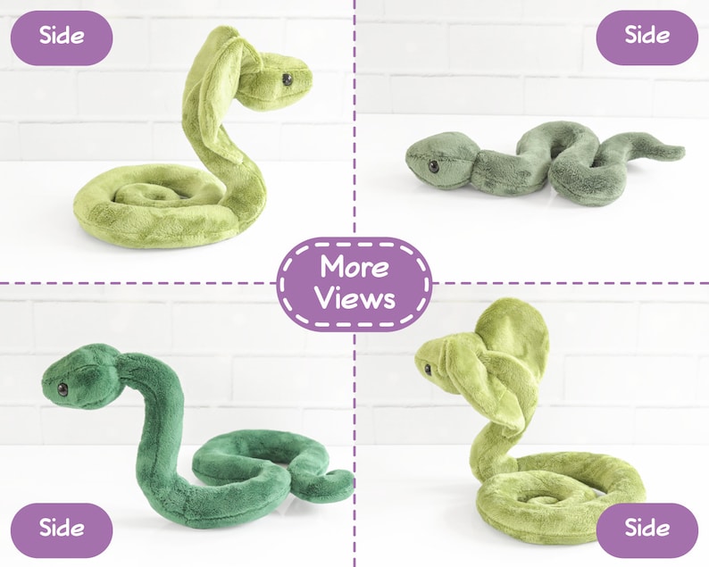May include: Four views of a green plush snake toy. The snake is curled up in a coil shape with its head raised. The toy is made of soft, plush fabric and has a realistic appearance.