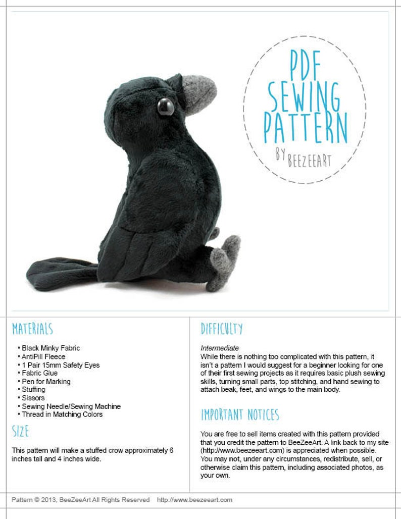 Crow Stuffed Animal Sewing Pattern - PDF Digital Download - Plush Sewing DIY Project - No Physical Items Sent 