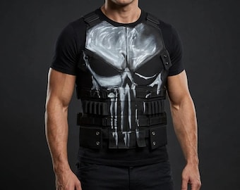 Pode incluir: Um colete tático preto com um grande gráfico de caveira pintado à mão em branco no peito. O colete inclui tiras horizontais, alças integradas e painéis retangulares na frente, usado sobre uma camiseta preta lisa de manga curta.