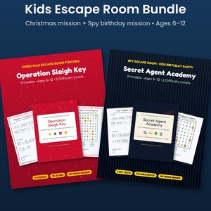 Może przedstawiać: Zestaw gier typu escape room do druku dla dzieci, zawierający dwa tematy: Operation Sleigh Key, czerwoną grę świąteczną, oraz Secret Agent Academy, czarną grę szpiegowską. Oba zestawy zawierają zagadki i instrukcje dla dzieci w wieku 6-12 lat.