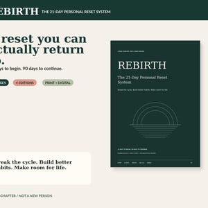 May include: A dark green book titled REBIRTH The 21-Day Personal Reset System with a white line art sunset graphic. The cover text reads A NEW CHAPTER / NOT A NEW PERSON and Break the cycle. Build better habits. Make room for life. 96 pages, 4 editions.