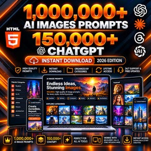 May include: A digital product display featuring a laptop and mobile devices showing AI image prompts and ChatGPT text. The graphic includes the text 1,000,000+ AI IMAGES PROMPTS, 150,000+ CHATGPT, HTML 5 logo, and 2026 EDITION on a dark background with orange light streaks.