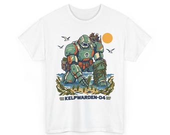 May include: A white t-shirt featuring a graphic of a green and orange robotic figure kneeling in shallow water, surrounded by kelp and seagulls. The robot has a small vehicle on its shoulder and the text KELPWARDEN-04 printed at the bottom.