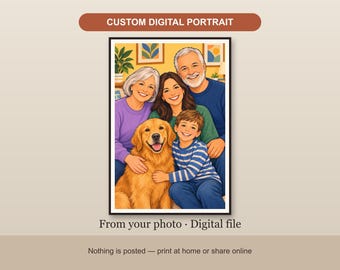 May include: A custom digital portrait featuring a family of four and a golden retriever. The group includes an older couple, a younger woman, and a young boy. The text CUSTOM DIGITAL PORTRAIT, From your photo, and Digital file are visible.