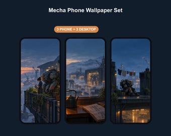 May include: A digital wallpaper set titled Mecha Phone Wallpaper Set featuring 3 phone and 3 desktop images. The artwork displays futuristic mecha robots in industrial cityscapes at dusk with warm lighting, cranes, and detailed mechanical structures.