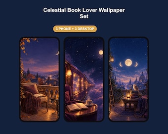 May include: Celestial Book Lover Wallpaper Set featuring 3 phone and 3 desktop digital backgrounds. The images display night scenes with moons, a train in the clouds, a balcony with a book, and an owl perched on a stack of books.