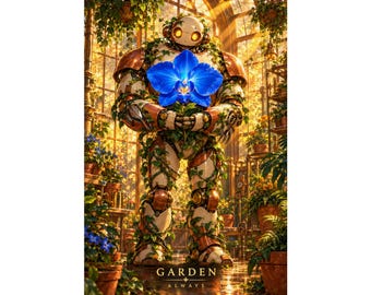 May include: A large, metallic robot with copper and white plating stands in a sunlit greenhouse, holding a vibrant blue orchid. Green vines wrap around its body. The text GARDEN ALWAYS is printed at the bottom of this vertical poster.