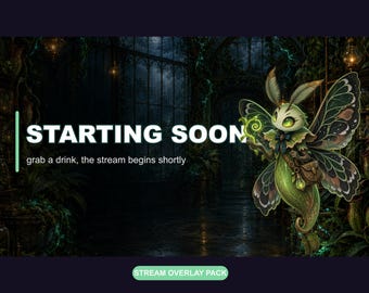 May include: A digital stream overlay featuring the text STARTING SOON and grab a drink, the stream begins shortly. A green moth-like creature with large wings, a brown satchel, and glowing accents is positioned on the right side.