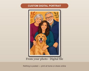 May include: A custom digital portrait featuring a cartoon-style illustration of two adults and a younger person posing with a golden retriever. The background is yellow with leaf accents. The text reads CUSTOM DIGITAL PORTRAIT and From your photo · Digital file.