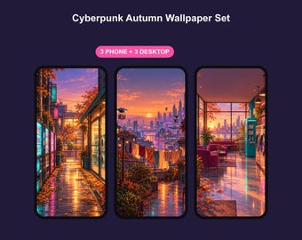 Cyberpunk Autumn Wallpaper Set, Neon Laundromat Phone & Desktop Backgrounds, Anime Inspired Sci Fi PNG Digital Download