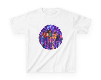 May include: A white t-shirt featuring a circular graphic of four people roller skating on a neon-lit rink. The design includes a disco ball, purple clouds, and a sign that reads After Hours, set against a vibrant background of blue and pink light.