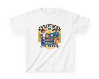 May include: A white t-shirt featuring a graphic of two people standing by a blue library cart filled with books. The text RETURN CART CREW is arched above the illustration, which includes shelves of books in the background and a yellow sun.