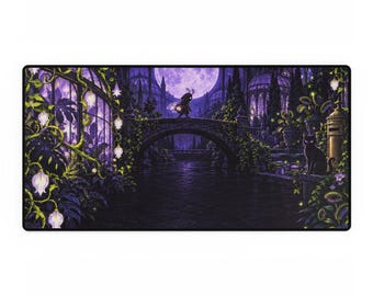 May include: A rectangular desk mat featuring a purple-toned illustration of a small winged creature walking across a stone bridge at night. The scene includes a large full moon, a glass greenhouse, hanging white flowers, and a black cat.