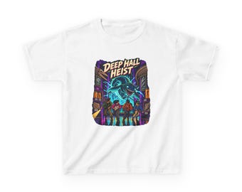 May include: A white t-shirt featuring a graphic print with the text "DEEP HALL HEIST" in yellow. The illustration depicts four figures in a museum-like setting with a large, glowing blue creature emerging from a display case.