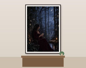 May include: A framed wall art print depicting a person in a dark red dress sitting in a chair by a large arched window at night. The scene features climbing vines, a crescent moon in the sky, and an open book on a small table nearby.