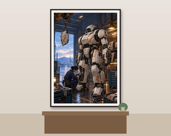 May include: A framed wall art print depicting a large white and orange mechanical robot standing in a workshop. A technician in dark blue workwear kneels to repair the robot's leg. The background shows an open hangar door with a mountain view.