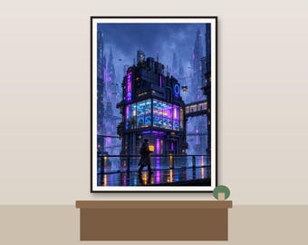 May include: A framed wall art print depicting a futuristic cityscape at night. A lone figure in a dark coat walks along a wet, reflective walkway in front of a multi-story building illuminated by vibrant purple and blue neon lights.