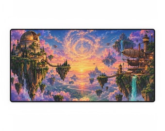 May include: A rectangular desk mat featuring a fantasy landscape with floating islands, waterfalls, and an observatory. The scene includes a large airship, bridges connecting landmasses, and a vibrant sunset sky with swirling clouds.