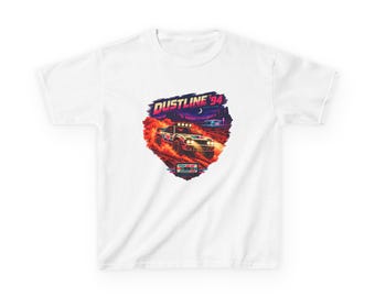 May include: A white t-shirt featuring a graphic print of a rally car driving through a red dust cloud. The design includes the text "DUSTLINE '94" in a stylized font, a crescent moon, and a cassette tape icon at the bottom of the graphic.