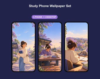 May include: A digital wallpaper set titled Study Phone Wallpaper Set featuring 3 phone and 3 desktop backgrounds. The illustrations depict a person in a purple or cream sweater studying or standing outdoors near purple flowering trees.