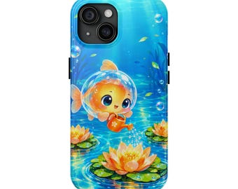 May include: A smartphone case featuring a vibrant underwater scene with a cartoon goldfish inside a glass bubble helmet. The goldfish holds a small orange watering can, tending to bright orange lotus flowers floating on green lily pads.