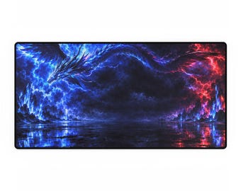 May include: A rectangular desk mat featuring a dark, atmospheric landscape with a large, winged dragon soaring through a sky filled with vibrant blue and red lightning bolts, reflecting over a calm, dark body of water below.