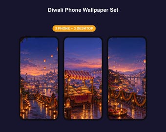 May include: A digital Diwali phone wallpaper set featuring three vertical images of a city at sunset with glowing lanterns, a market stall with sweets, and a balcony overlooking a river. The text reads Diwali Phone Wallpaper Set and 3 PHONE + 3 DESKTOP.