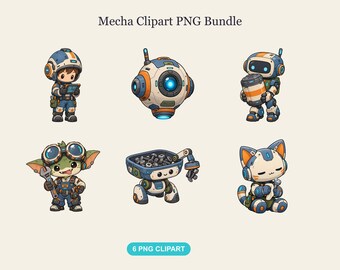 May include: A Mecha Clipart PNG Bundle featuring six illustrations: a pilot with a tablet, a spherical drone, a robot holding a canister, a green creature with goggles and a wrench, a small robot with a bin of bolts, and a cat-like robot.