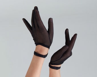 Guantes de malla negros – Guantes transparentes con correa de bondage