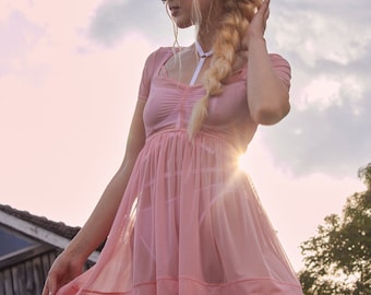 Peach Mesh Babydoll Dress With Deep Decollete - Sheer Nightwear for Women
