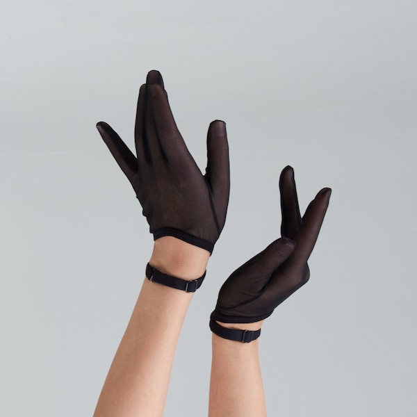 ブラックメッシュグローブ - ボンデージストラップ付きシースルーロッカーグローブ