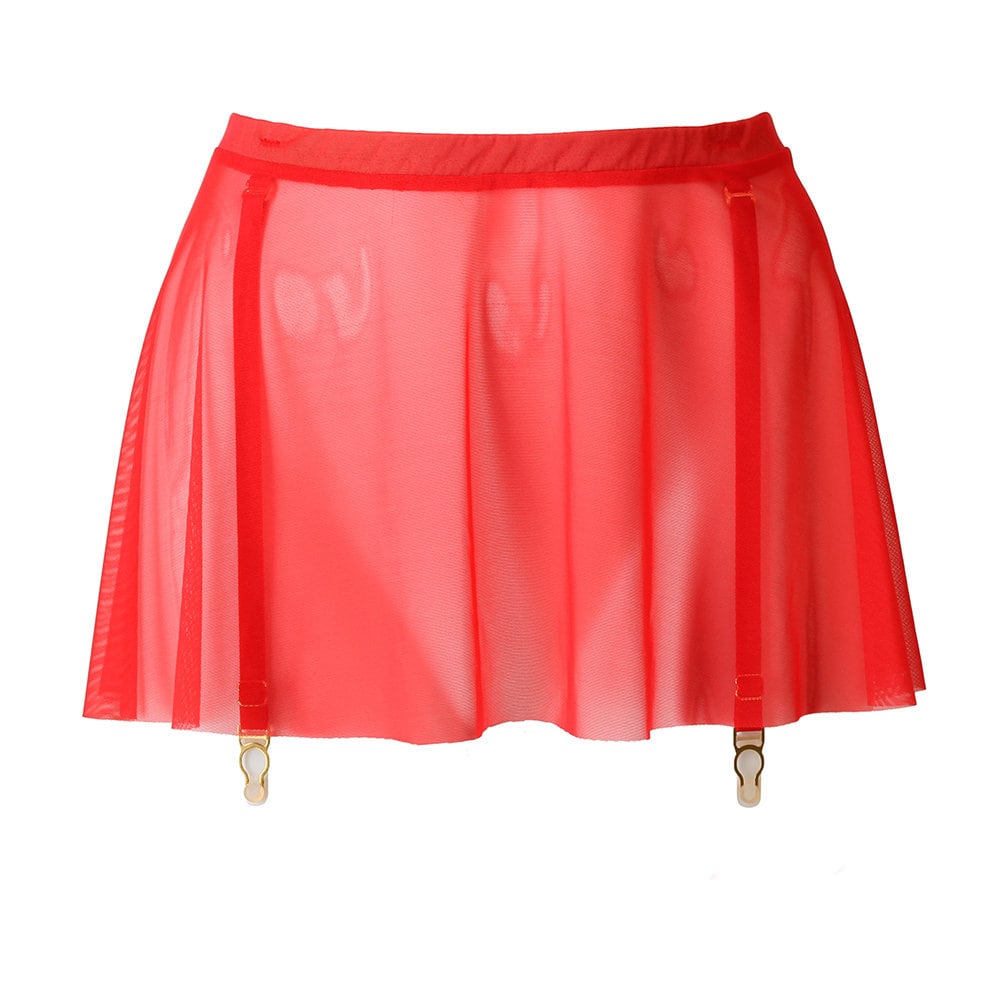 Red Sheer Mesh Skirt Garter Belt Sheer See Through Mesh Lingerie