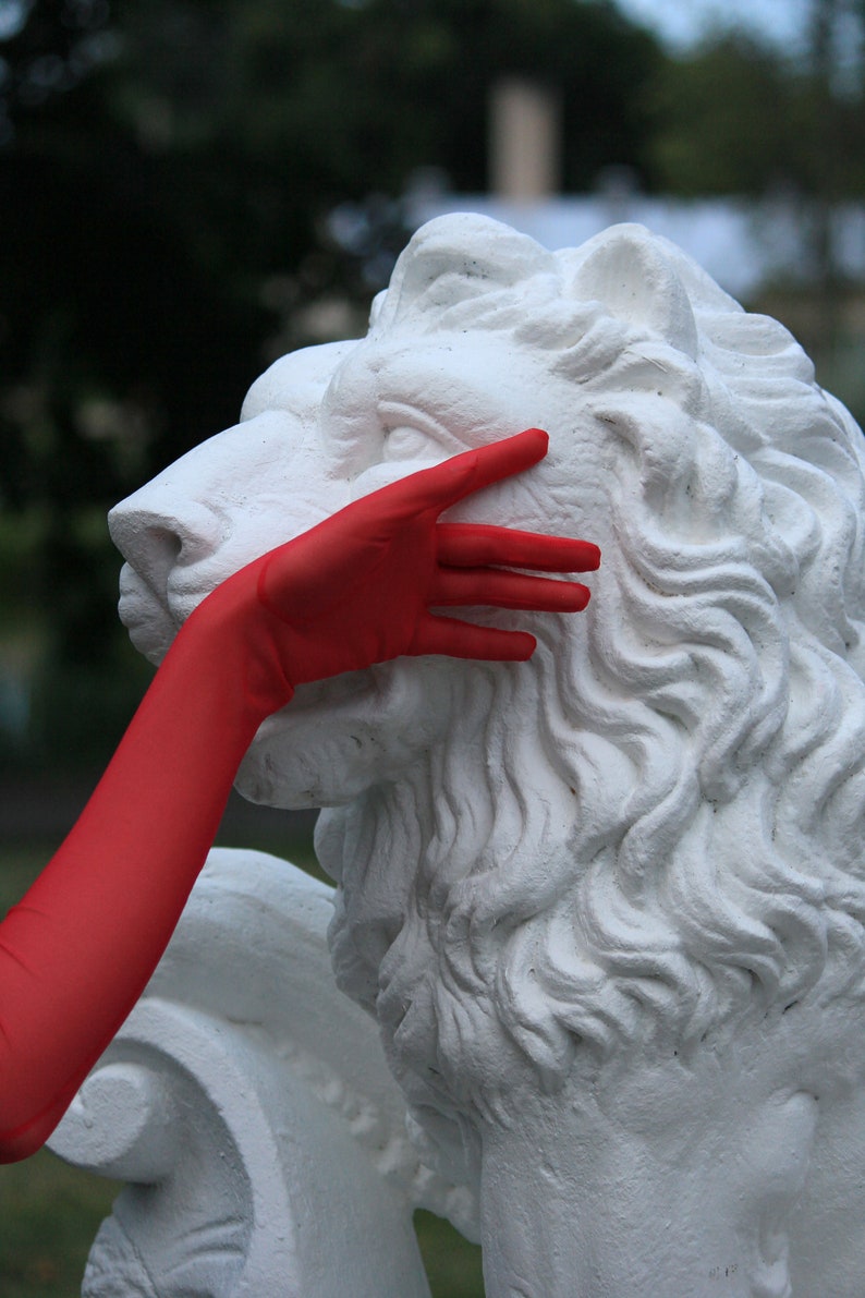 May include: A white plaster lion statue with a red glove gently touching its face.