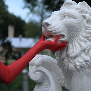 May include: A white plaster lion statue with a red glove touching its mouth. The statue is in a garden setting.