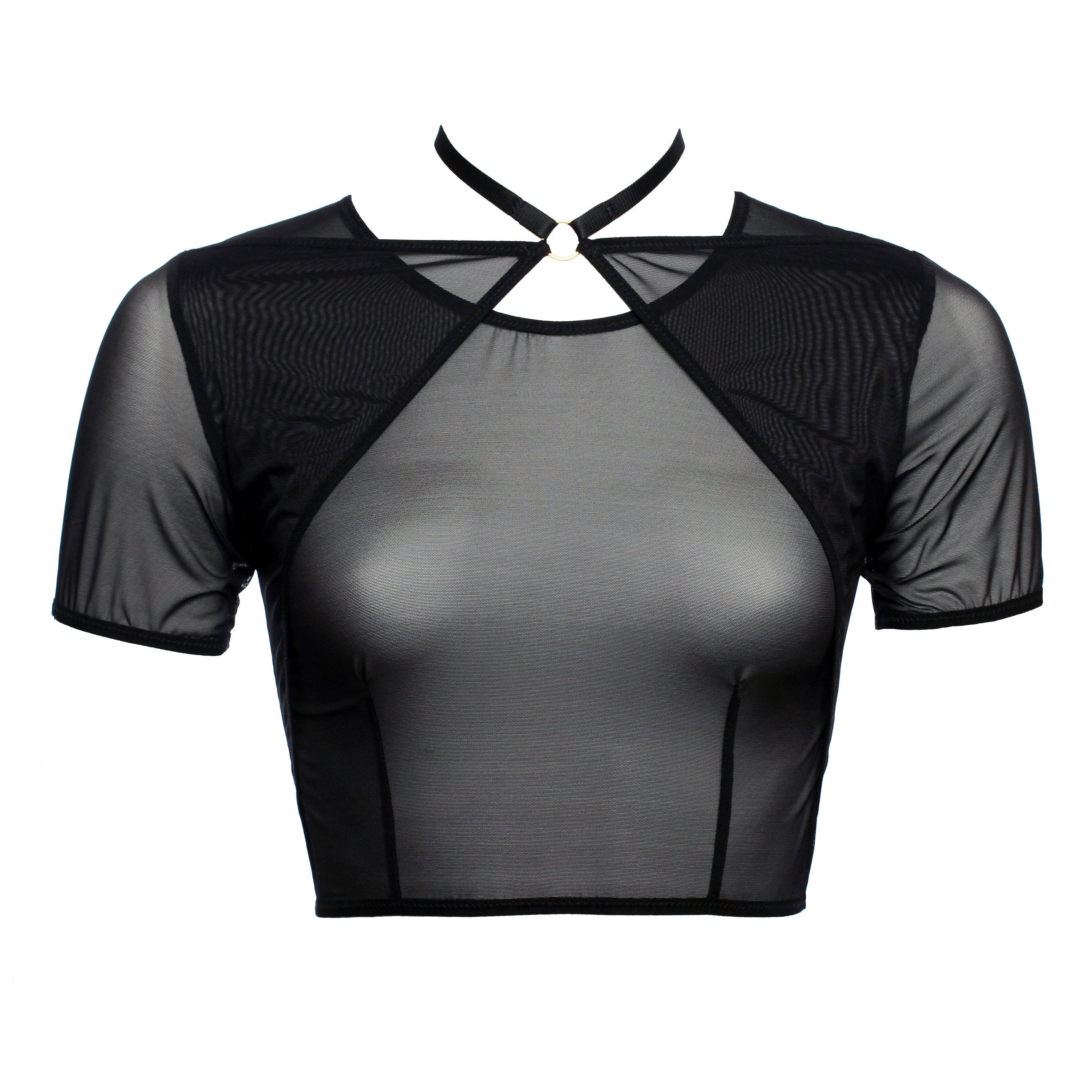 Black Mesh Crop Top With Short Sleeves Choker Neckline Sheer Mesh