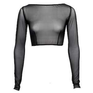 Black Mesh Boat Neck Crop Top With Long Sleeves Sheer See - Etsy