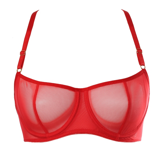 Red Mesh Basic Underwire Bra Sexy Sheer See Through Lingerie for Women 