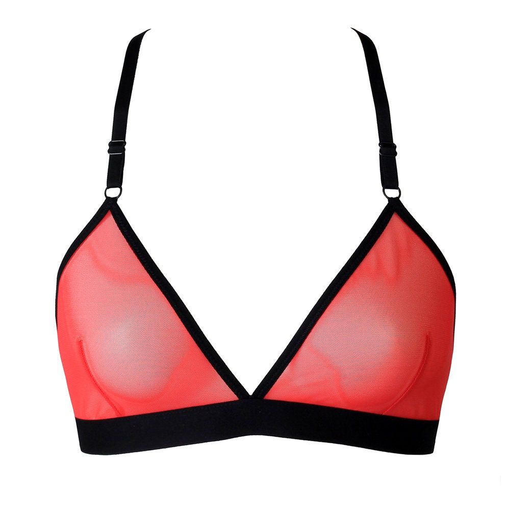 Red Mesh Triangle Bralette With Wide Black Band Sheer Mesh
