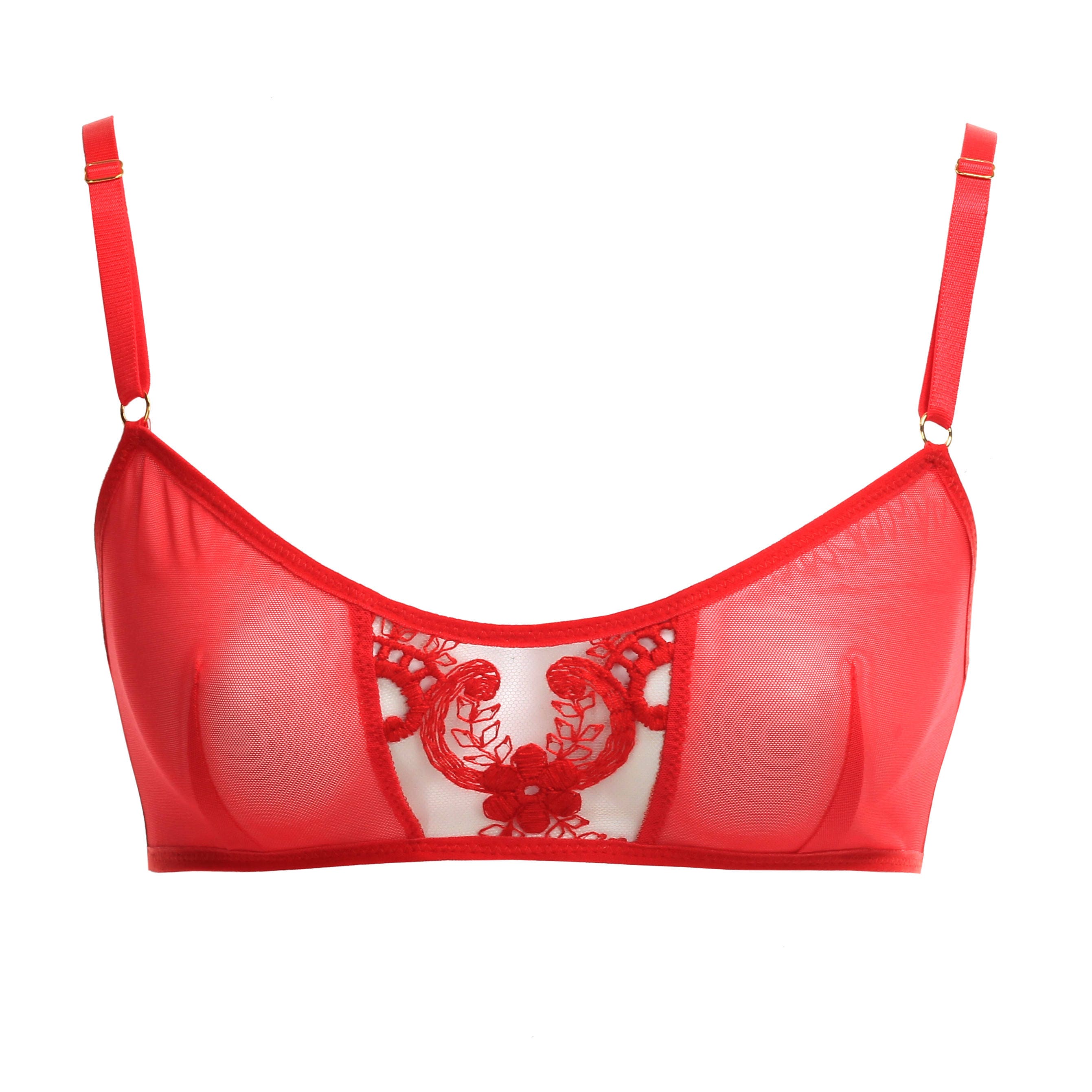 Red Mesh Bralette With Lace and Golden Details Sexy Sheer Lingerie