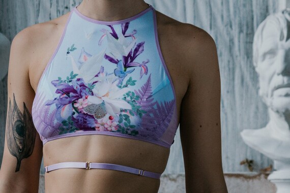 Halter Top BLOOM con malla de lavanda - lencería impresa para las mujeres